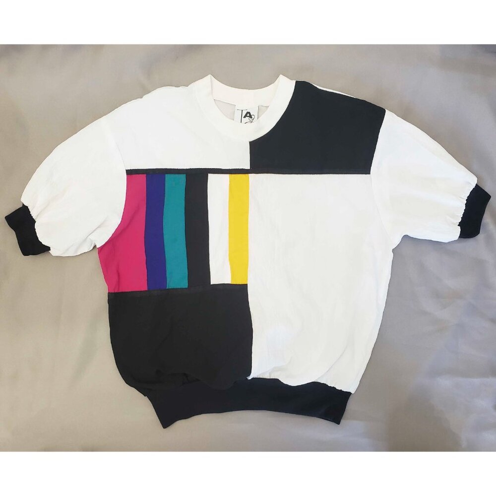 80s Teddi Sport Womens Crinkle Color Block Windbreaker Top Short Sleeve Shirt M - Picture 2 of 9